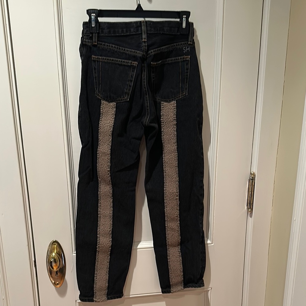 Still Here Sherpa Tate Blk & Tan Fleece-Trimmed Straight-Leg Jeans Sz 24